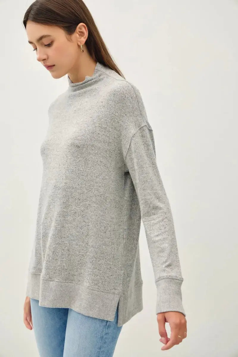 Be Cool Side Slit Mock Neck Long Sleeve Tunic Top for Women - Love Salve